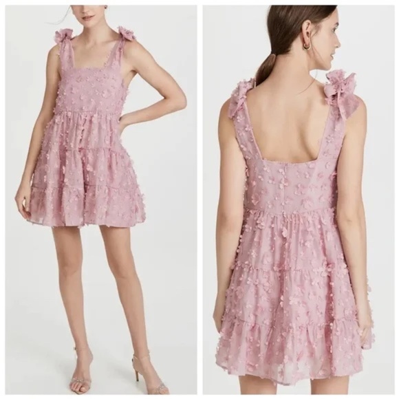 Sister Jane Ramble Blossom Tiered 3-D Pink Mini Dress Tie Straps Size L Coquette - Picture 1 of 16